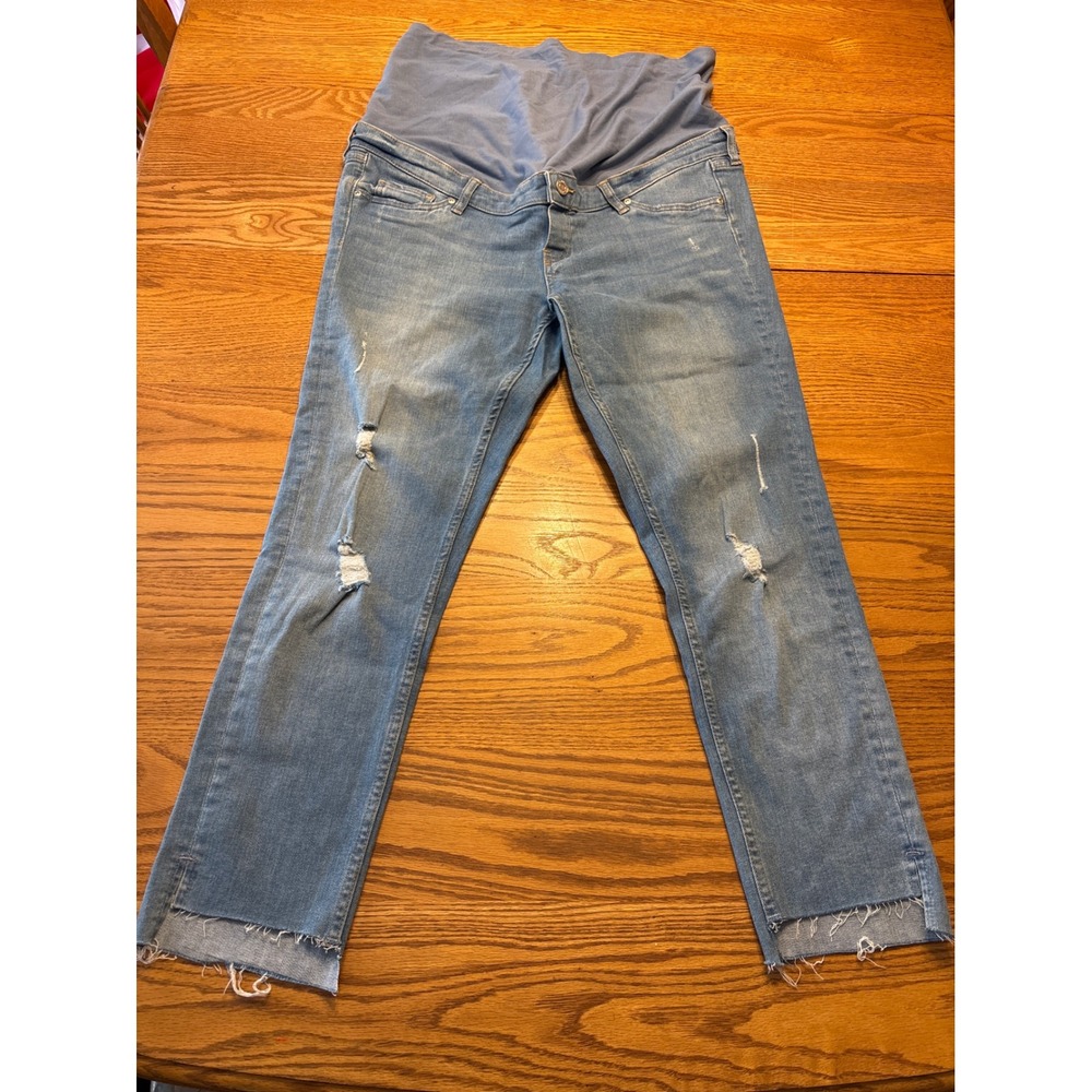 H&M MAMA Maternity Jeans Size 14 Blue Distressed Straight Leg Raw Hem Over Belly